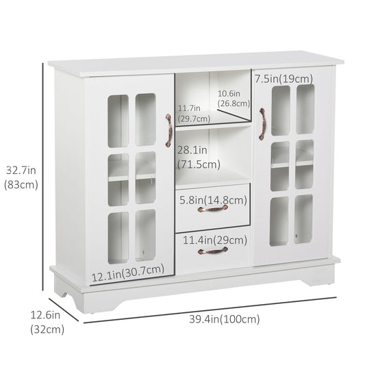 HOMCOM Modern Kitchen Sideboard with 2 Drawers, Coffee Bar Cabinet with Glass Doors Storage Cupboard and Open Shelf, White