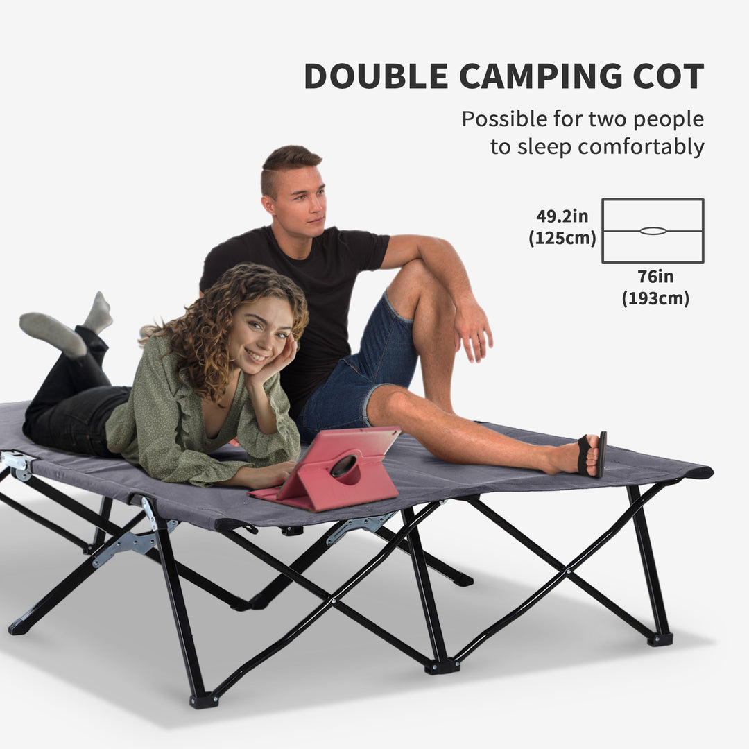 Outsunny 76" Two Person Folding Camping Cot Outdoor Portable Double Cot Wide Military Sleeping Bed w/ Carrying Bag Grey