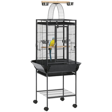 PawHut 61.5 Inch Bird Cage Parakeet House for Cockatiel with Stand, Pull Out Tray, Play Top, Storage Shelf, Wood Perch, Food Container