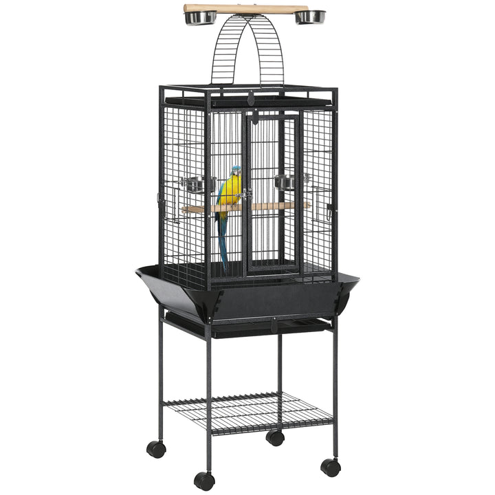 PawHut 61.5 Inch Bird Cage Parakeet House for Cockatiel with Stand, Pull Out Tray, Play Top, Storage Shelf, Wood Perch, Food Container