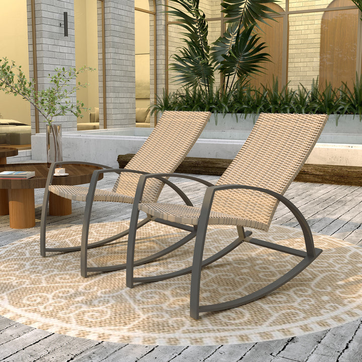 Outsunny 2 Pieces Wicker Patio Rocking Chair Set, Rattan Outdoor Rocking Chair Set with High Back, Armrests for Garden, Khaki
