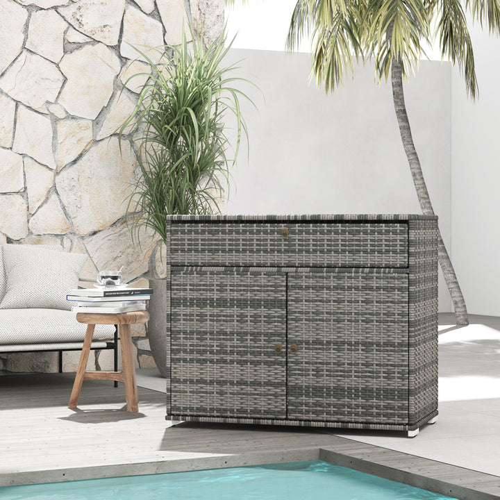 Outsunny Outdoor Storage Cabinet, Wicker 2-Door Pool Towel Storage Cabinet with Drawer, PE Rattan Pool Organizer, Grey