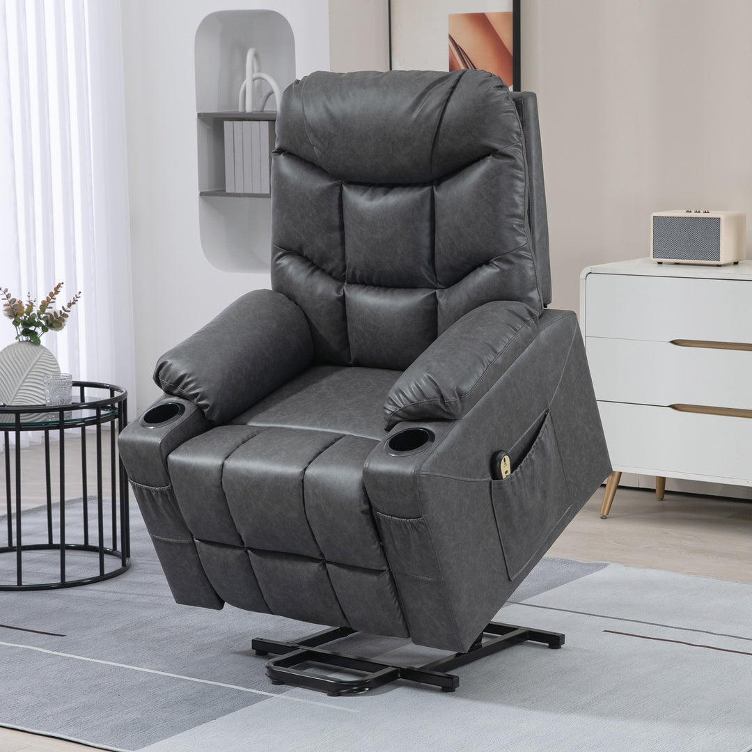 HOMCOM Lift Chair for Elderly, PU Leather Electric Recliner Chair with Quick Assembly, Remote, Cup Holders, Side Pockets, Grey