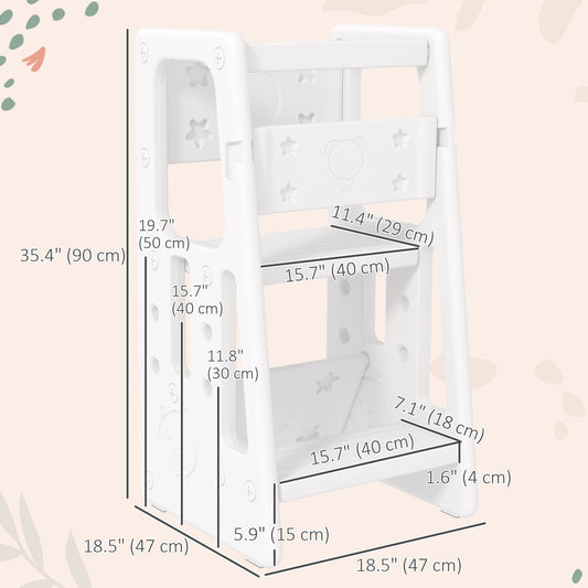 Qaba Toddler Kitchen Helper 2 Step Stool with Adjustable Height Platform and Safety Rail, White