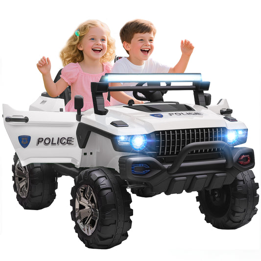 Aosom Kids Ride-On Car 12V RC 2-Seater Police Truck Electric Car For Kids with Full LED Lights, MP3, Parental Remote Control (White)