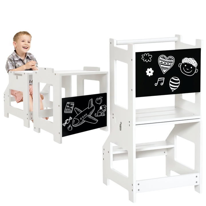 Qaba 2-in-1 Kids Kitchen Helper Step Stool, Detachable Toddler Table and Chair Set, Children Standing Tower for Kitchen Counter with Safety Rail Chalkboard, White