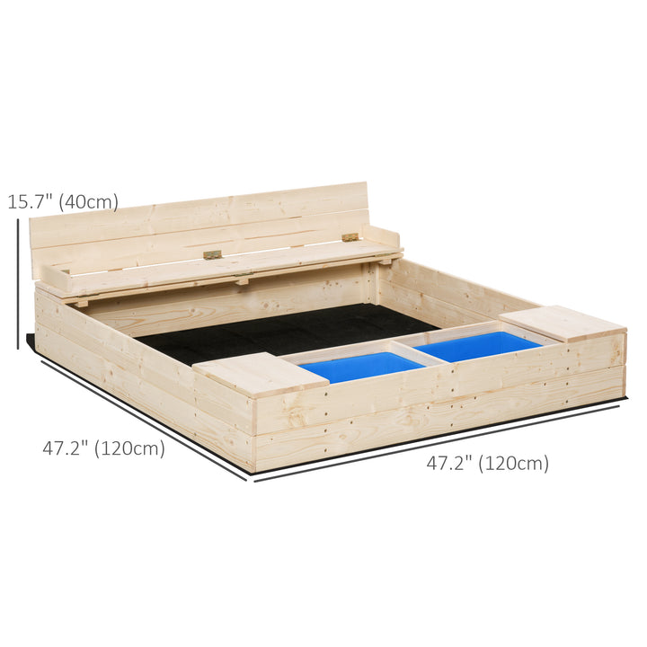 Outsunny Wooden Kids Sandbox with Foldable Bench Seat, 2 Plastic Boxes, Bottom Liner, Storage Space for Garden, Backyard