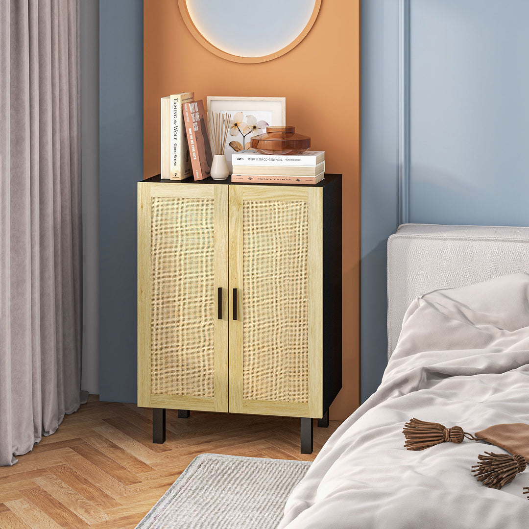 HOMCOM Boho Sideboard, Buffet Cabinet with Storage, Accent Cabinet with 2 Rattan Doors and Adjustable Shelves, Black