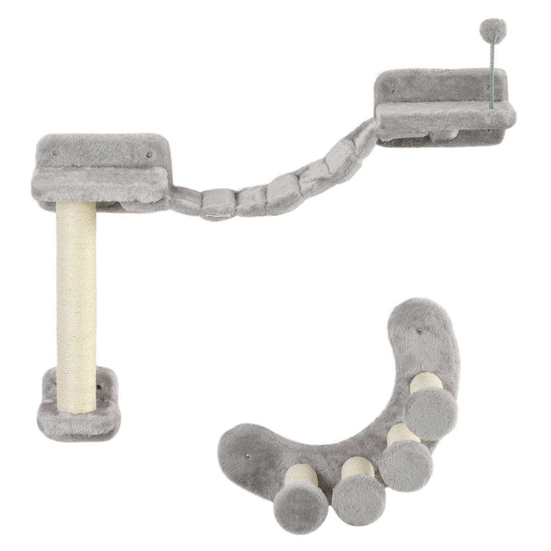 PawHut Cat Wall Shelf with Scratching Post, Cat Wall Shelves for Relaxing, Climbing, Cat Wall With Soft Ladder and Play Ball, Grey