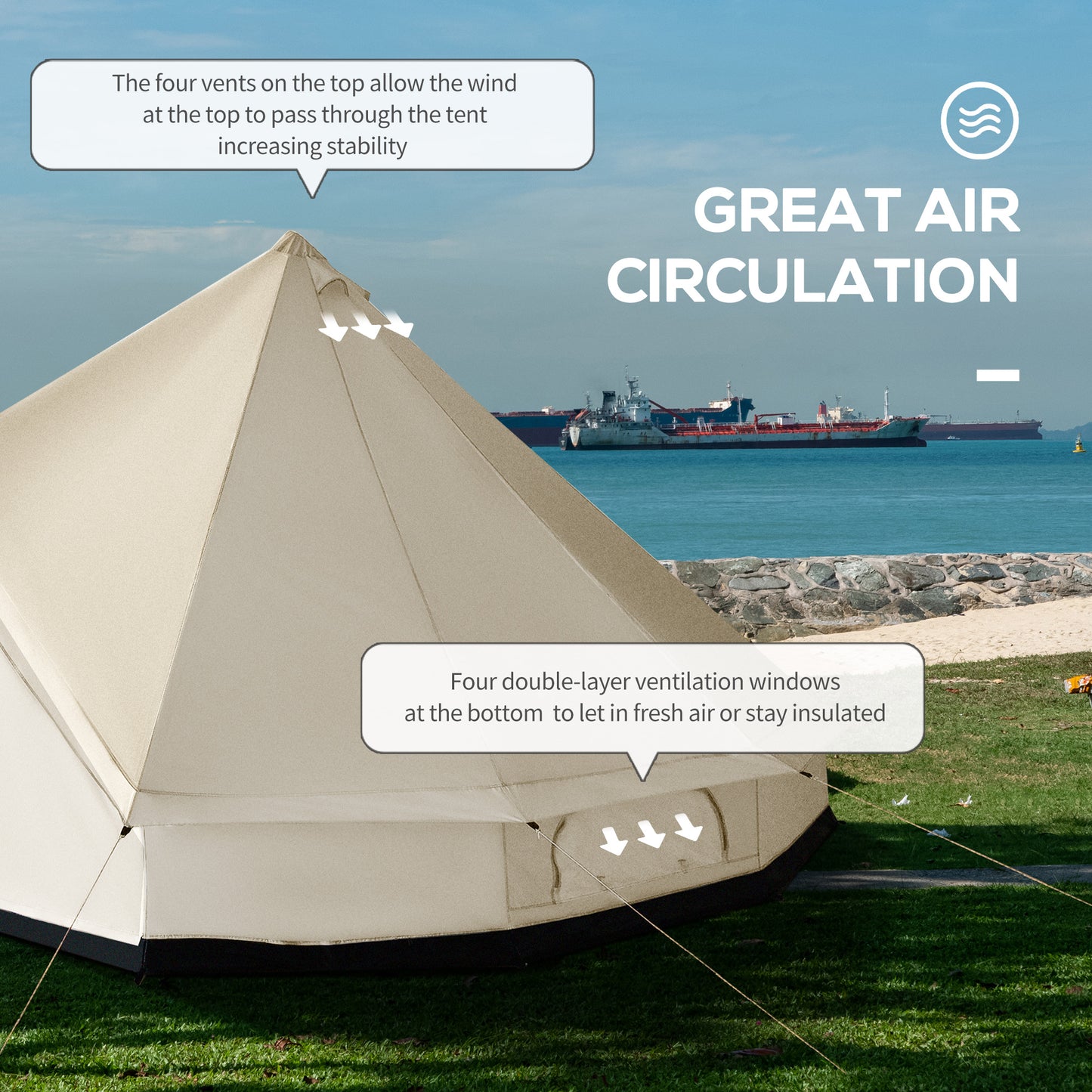 Outsunny 16.4' Large Family Teepee Tent Canvas Bell Tent Camp Shelter for Camping Hunting Beige