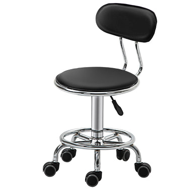 HOMCOM Faux Leather Salon Stool, Height Adjustable Rolling Stool with Footrest Ring, Back and Wheels for Beauty, Tattoo, Black