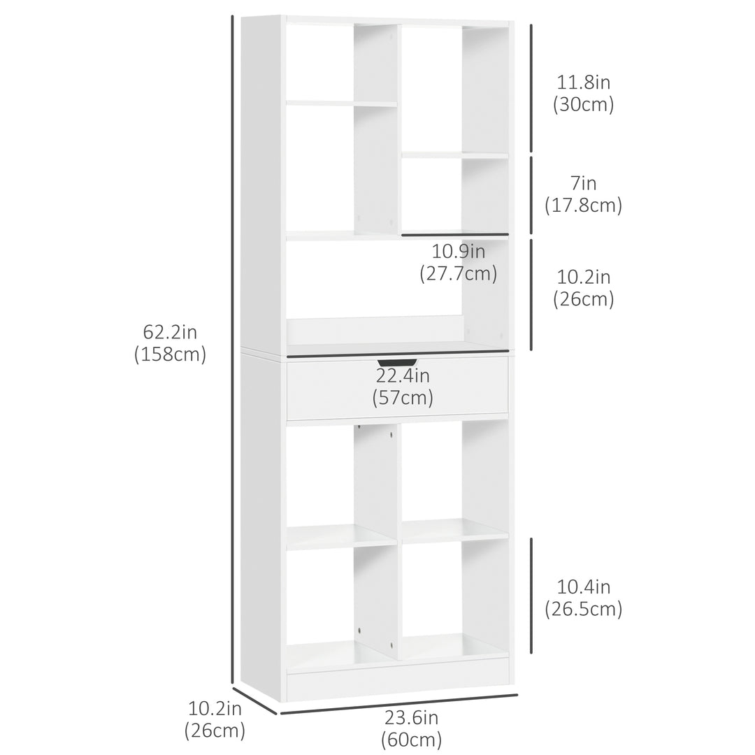 HOMCOM Tall Bookshelf with Drawer, Freestanding Bookcase for Bedroom, Living Room, Home Office, White