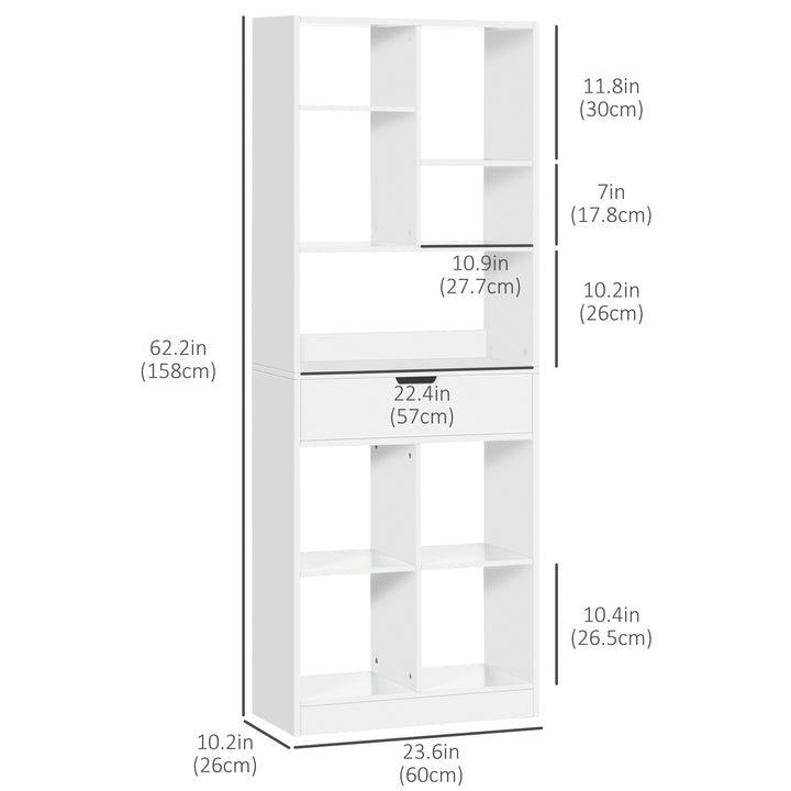 HOMCOM Tall Bookshelf with Drawer, Freestanding Bookcase for Bedroom, Living Room, Home Office, White