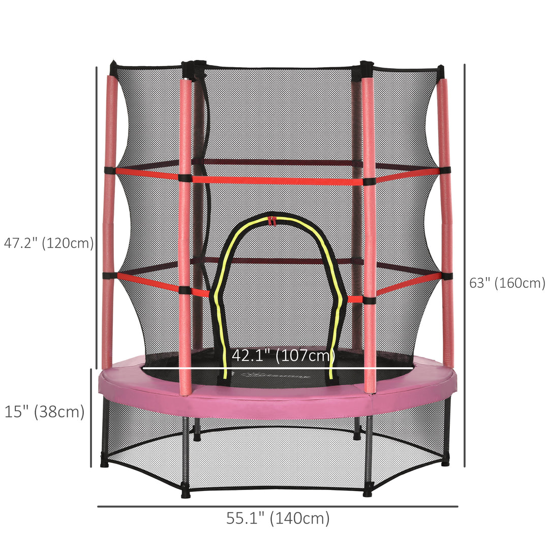 Outsunny 55" Kids Trampoline with Enclosure Net for Indoor/Outdoor, Trampoline for Boys and Girls Age 3-6 Years, Pink