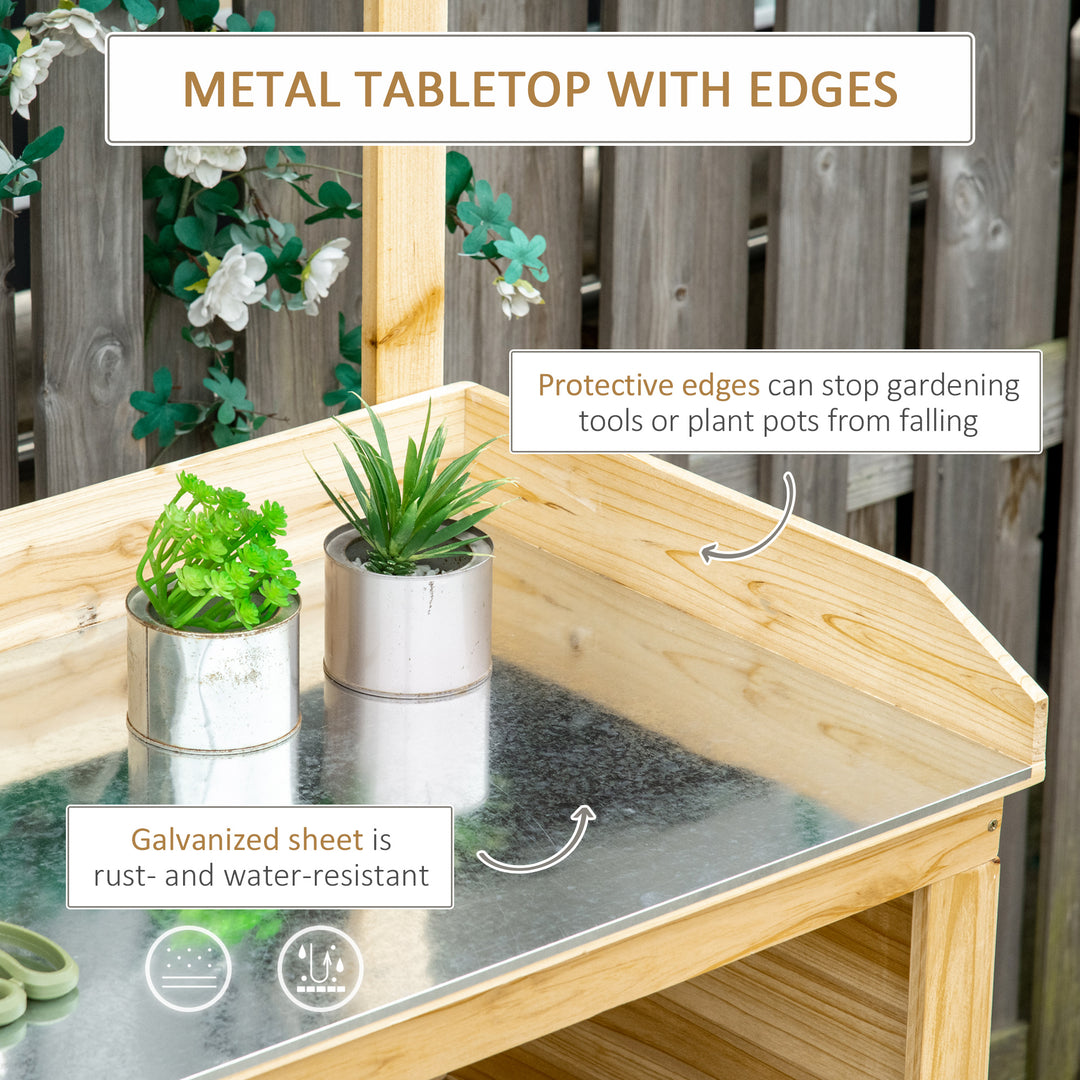 Outsunny Potting Bench Table, Wooden Garden Workstation Bench with Galvanized Metal Tabletop, Storage Shelves and Hooks for Patios, Courtyards, Balcony