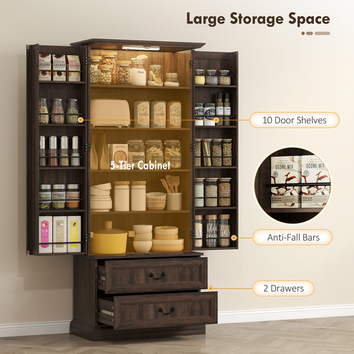 HOMCOM 72" LED Kitchen Pantry Cabinet, Buffet Storage Cabinet with 10 Door Shelves, 2 Drawers and Adjustable Shelves, White