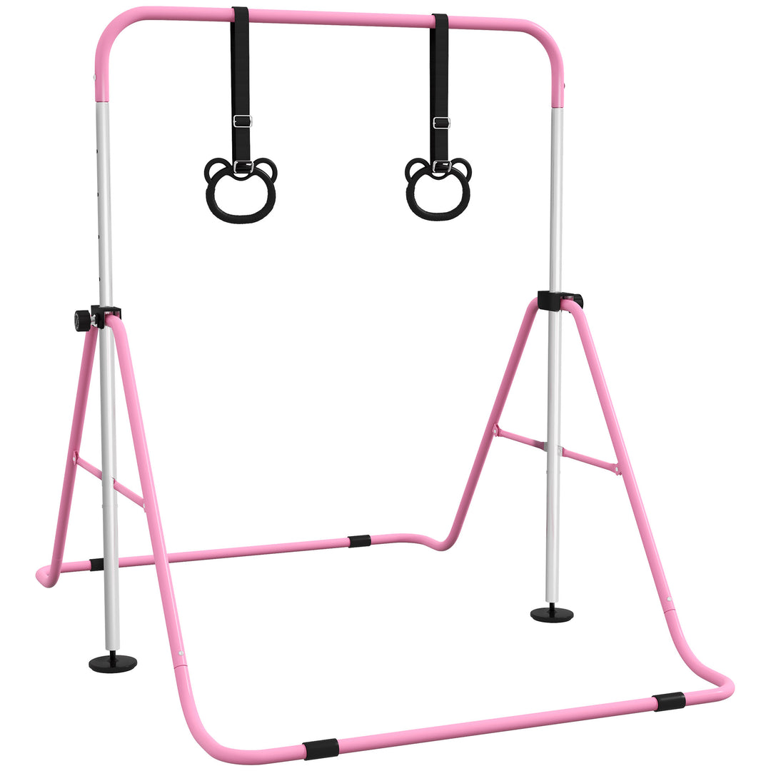Qaba Kids Gymnastics Bar, Adjustable Height Folding Horizontal Bar with Gymnastics Rings, Non-slip Rubber Floor Rings, Purple