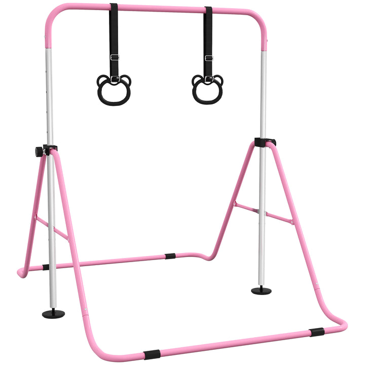Qaba Kids Gymnastics Bar, Adjustable Height Folding Horizontal Bar with Gymnastics Rings, Non-slip Rubber Floor Rings, Purple
