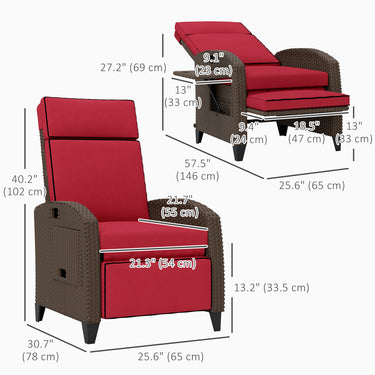 Outsunny Outdoor Recliner Chair with Adjustable Backrest, Cushion, Side Tray, Wine Red