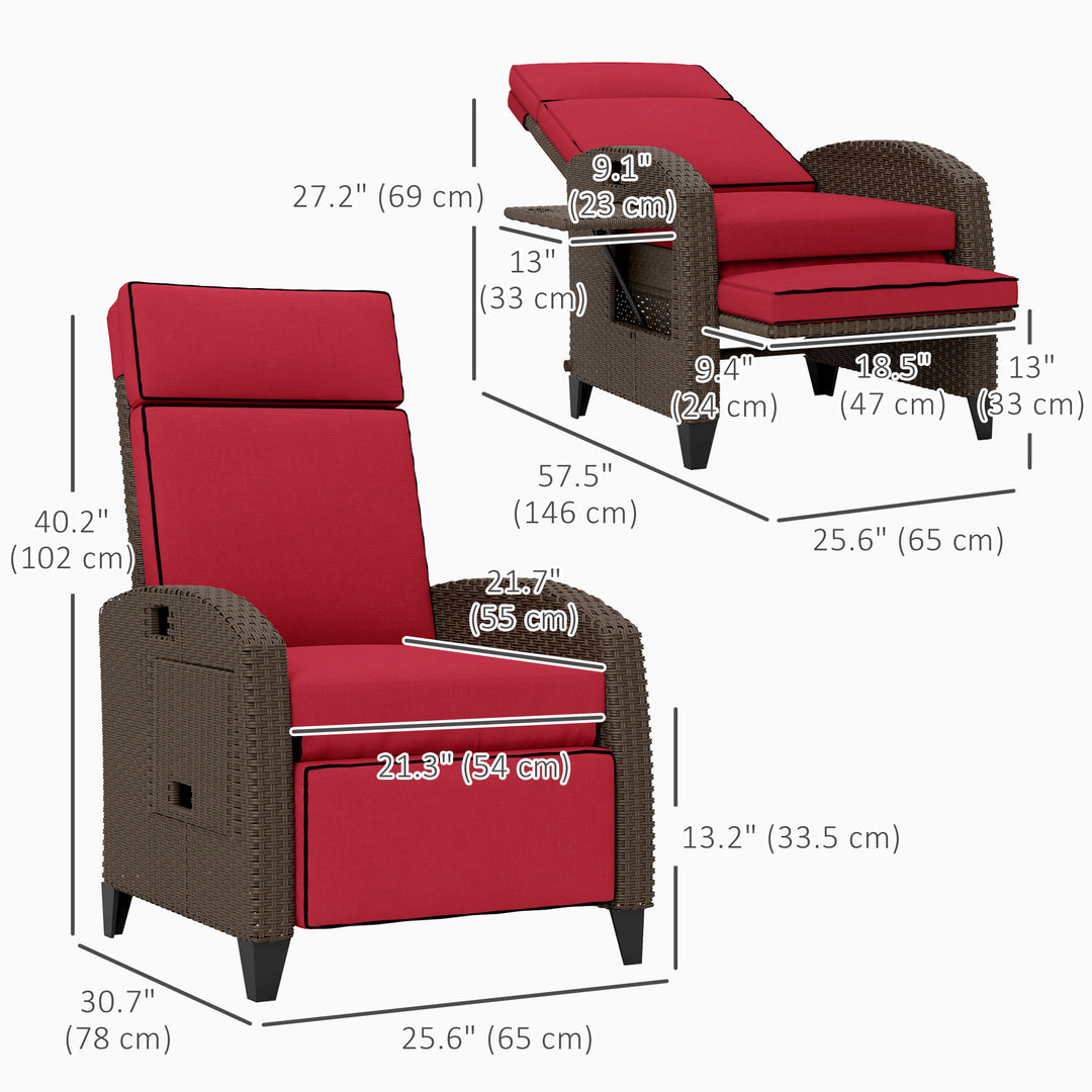 Outsunny Outdoor Recliner Chair with Adjustable Backrest, Cushion, Side Tray, Wine Red