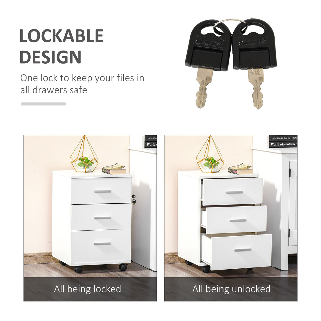 Vinsetto Mobile Filing Cabinet with Wheels, 3 Drawer File Cabinet with Lock and Keys for Home Office, White