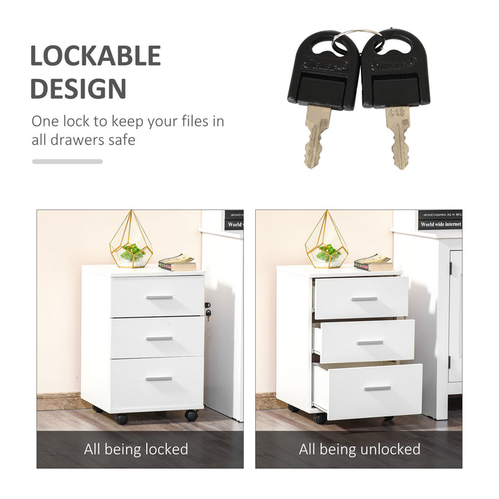 Vinsetto Mobile Filing Cabinet with Wheels, 3 Drawer File Cabinet with Lock and Keys for Home Office, White