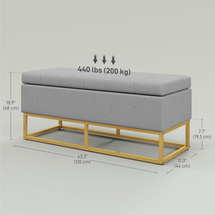 HOMCOM Storage Ottoman with Flip Top, Upholstered Storage Bench, Linen Fabric Footstool with Steel Legs for Living Room, Bedroom, Beige