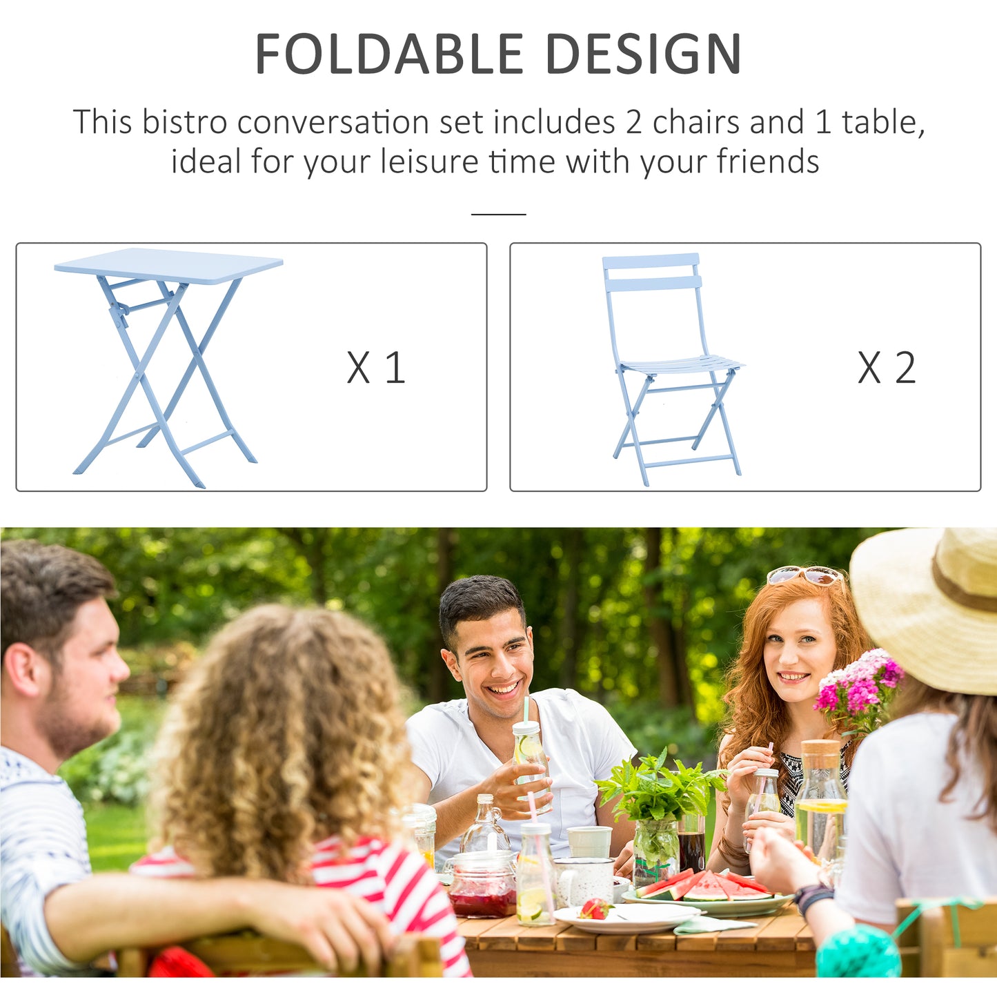 Outsunny 3 Pieces Garden Bistro Coffee Set Foldable Patio Chair & Square Table for Outdoor Yard Porch Poolside Balcony Blue