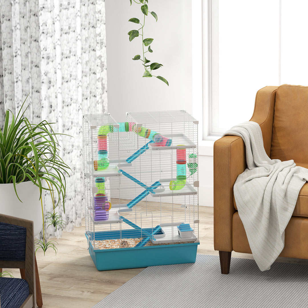 PawHut 6 Tier Hamster Cage w/ Tunnels and Tubes, Hut, Wheel, Food Dish, Water Bottle, Ramps, for Dwarf & Gerbil, Light Blue