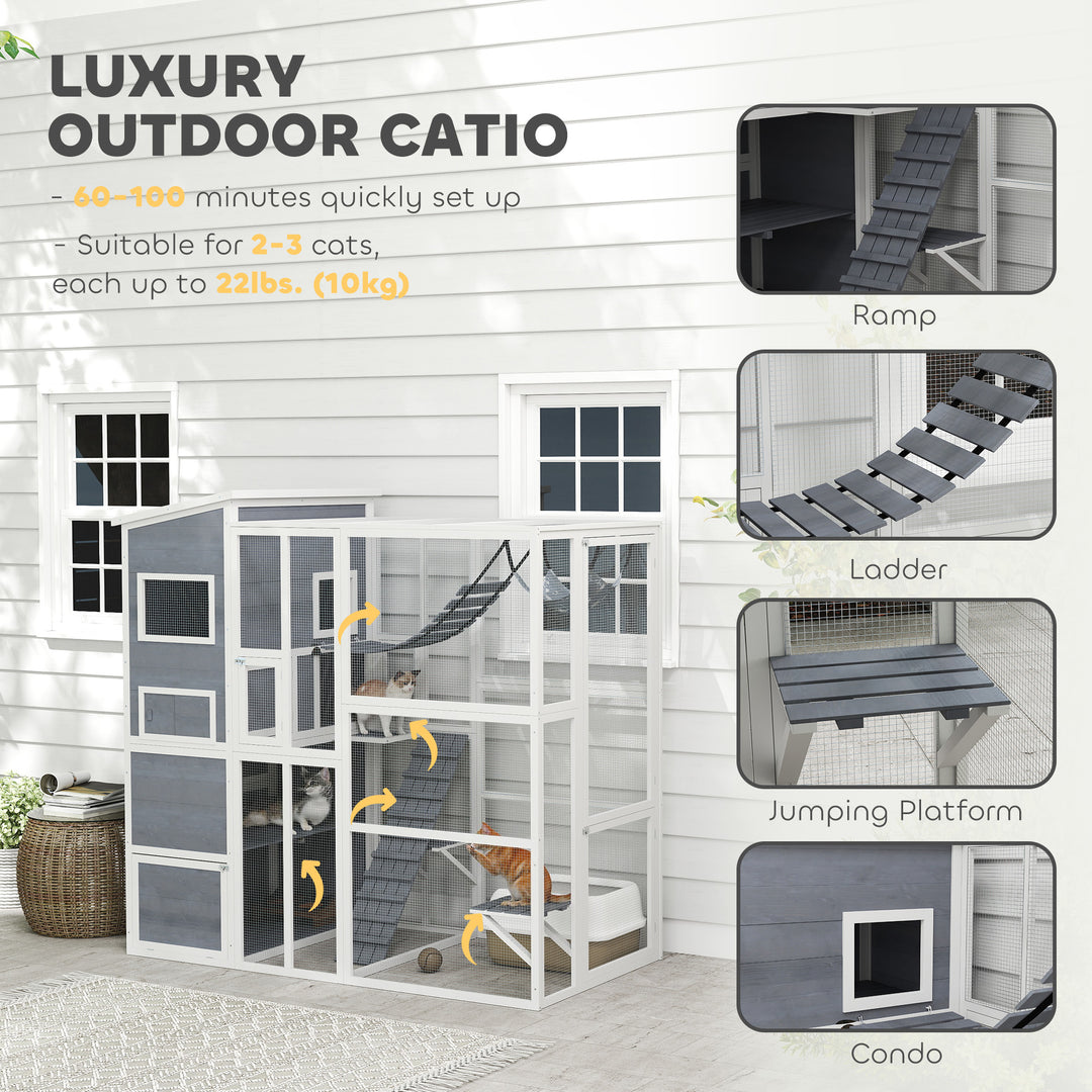 PawHut 76" Catio Outdoor Cat Enclosure with Cat Condo, Jumping Platforms, Ladder, Ramps, Hammock for 2-3 Indoor Cats, Grey