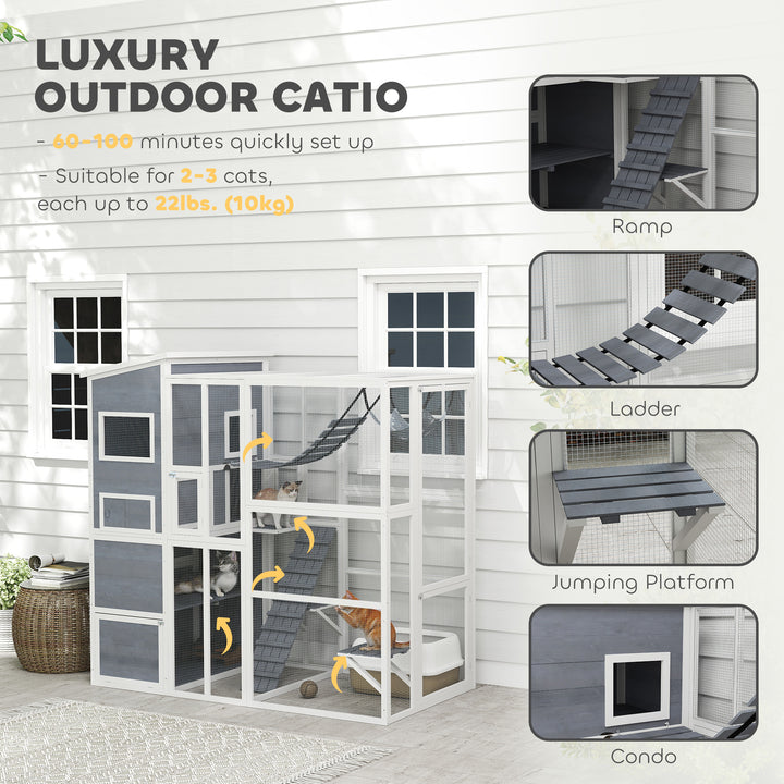 PawHut 76" Catio Outdoor Cat Enclosure with Cat Condo, Jumping Platforms, Ladder, Ramps, Hammock for 2-3 Indoor Cats, Grey