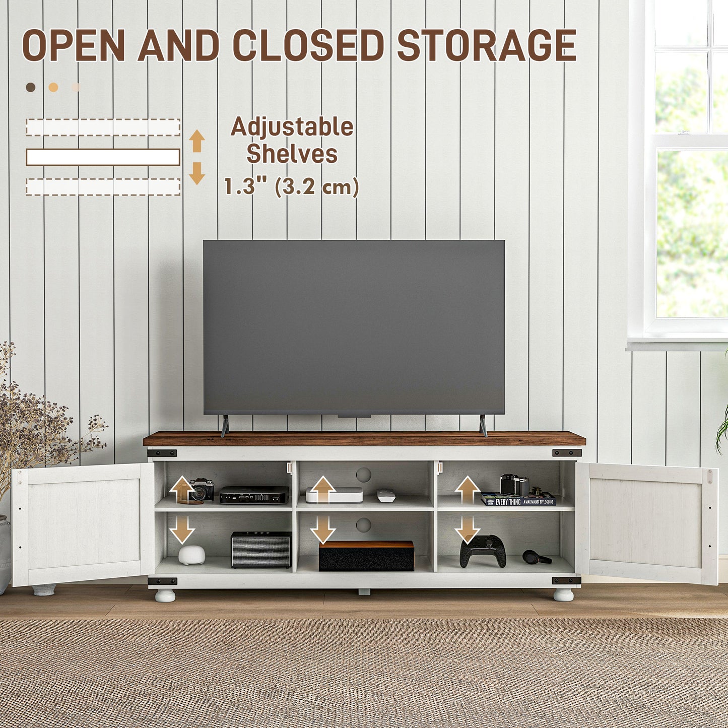 HOMCOM Farmhouse TV Stand for up to 50" TV, TV Cabinet with Barn Doors, Cable Management for Living Room, Distressed White