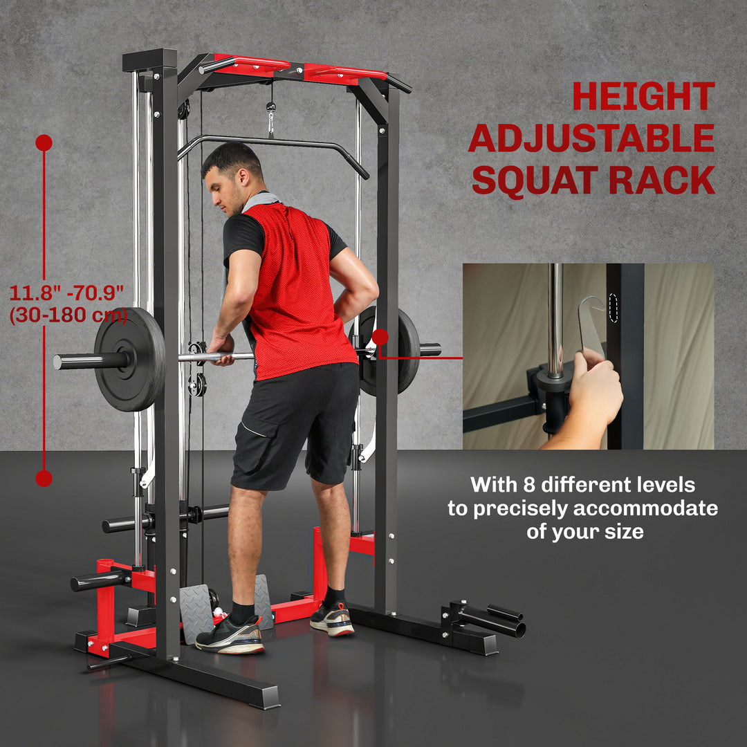 Soozier Smith Machine Power Rack with Pull Up Bar, Lat Pull Down System, Landmine, Squat Rack, Barbell Bar, for Home Gym