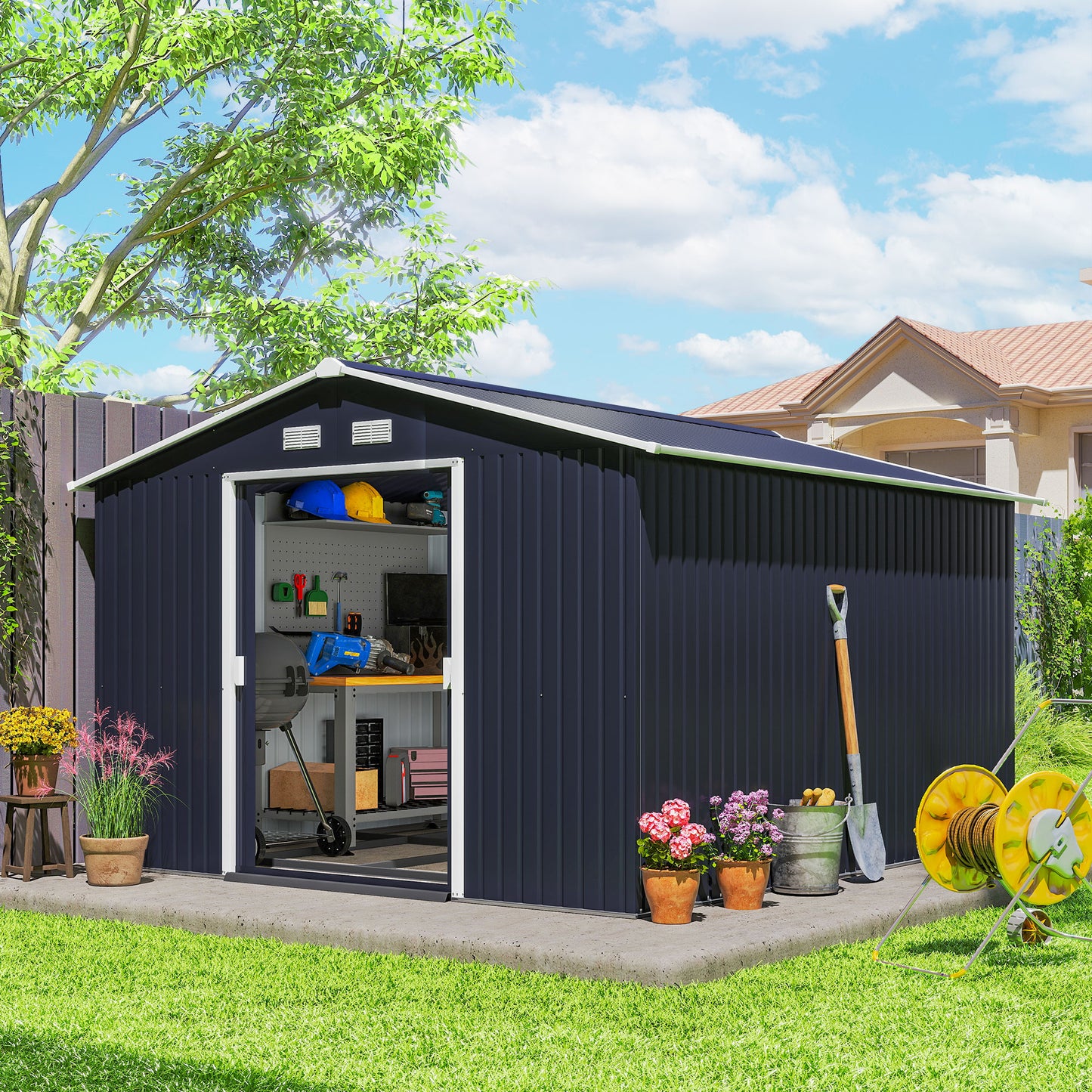 Outsunny 9.1'x6.4'x6.3' Garden Storage Shed w/ Floor Foundation Metal Tool Storage House w/ Double Doors Dark Grey Yellow