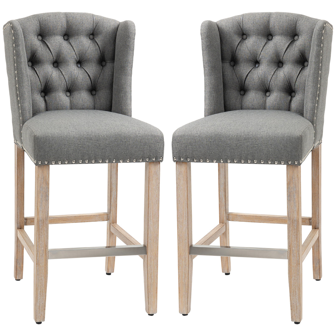 HOMCOM Counter Height Bar Stools Set of 2, Upholstered Bar Chairs with Nailhead Backrest and Footrest, Charcoal Grey