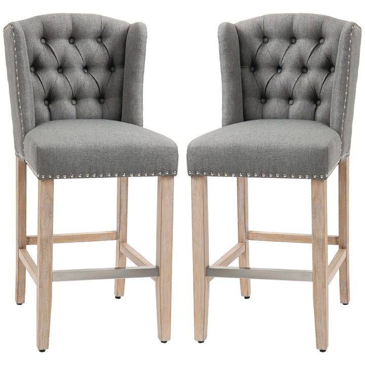 HOMCOM Counter Height Bar Stools Set of 2, Upholstered Bar Chairs with Nailhead Backrest and Footrest, Charcoal Grey