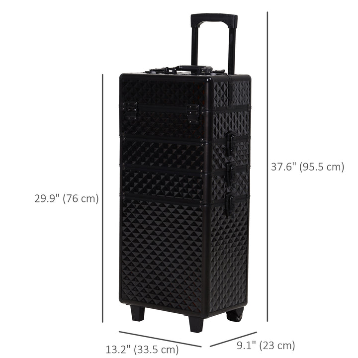 HOMCOM 4 in 1 Portable Aluminum Makeup Case Train Cases, Rolling Makeup Case with 2 Wheels, Multiple Compartments and Lift Handle