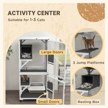 PawHut Catio Outdoor, Elevated Design, with Wheels, Resting Box, Water-Resistant, Multi Platforms, White & Grey