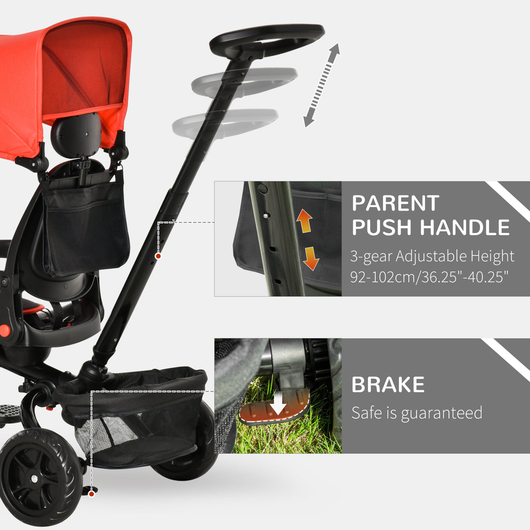 Qaba Tricycle for Toddler 4 in 1 Kids Trike with Reversible Adjustable Seat, Baby Push Bike with Removable Handle, Canopy, Belt Storage Brake Clutch for 1-5 Years, Red