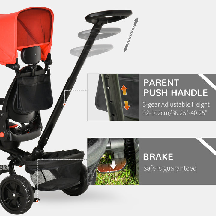 Qaba Tricycle for Toddler 4 in 1 Kids Trike with Reversible Adjustable Seat, Baby Push Bike with Removable Handle, Canopy, Belt Storage Brake Clutch for 1-5 Years, Red