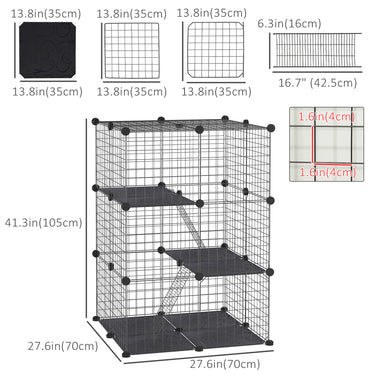 PawHut 39 Pcs Small Animal Cage Bunny Hutch Portable Metal Wire with Ramps for Kitten Chinchilla, Black
