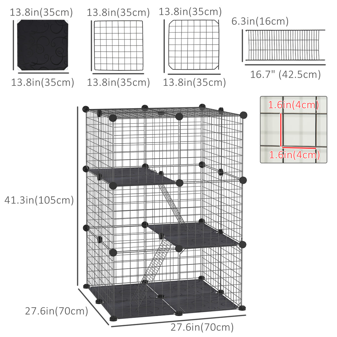 PawHut 39 Pcs Small Animal Cage Bunny Hutch Portable Metal Wire with Ramps for Kitten Chinchilla, Black