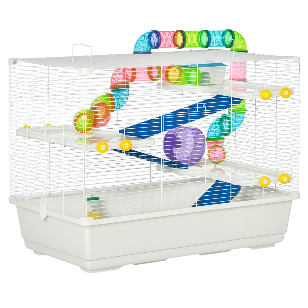 PawHut 31" Large Hamster Cage, Small Animal House, Multi-storey Gerbil Haven, Tunnel Tube System, with Water Bottle, Exercise Wheel, Food Dish, Ramps, White