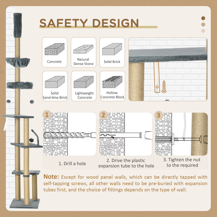 PawHut Floor to Ceiling Cat Tree, 90.5" - 98.5" Cat Tower with Scratching Post, Dangling Balls, Platforms, Bed, Hammock, Grey