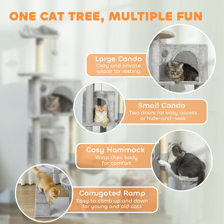 PawHut 63 Inch Cat Tree with Sisal Scratching Posts, Condos, Plush Perches, Hammock, Ladder, Dangling Balls, Pink