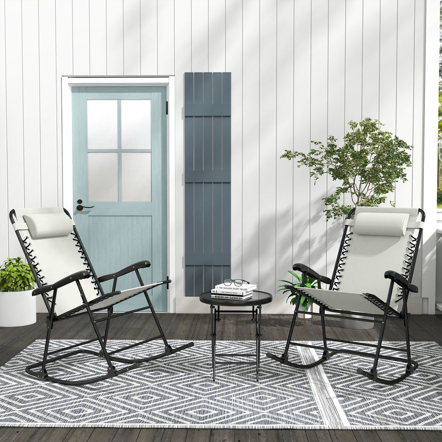 Outsunny 2pc Patio Foldable Rocking Chair Set w/ Breathable Mesh Seat & Backrest, Headrest for Park, Backyard, Garden, Cream