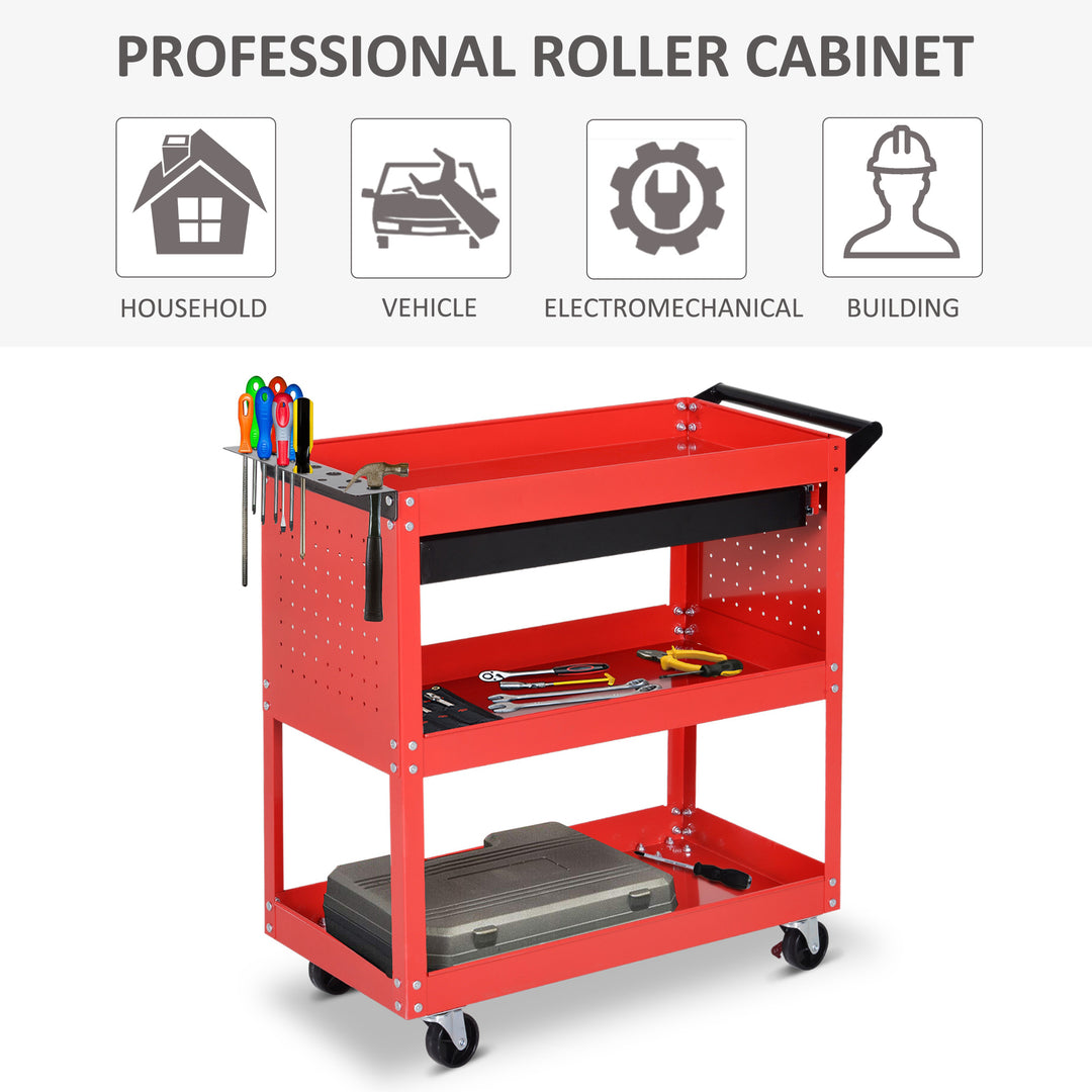 HOMCOM Tool Cart on Wheels, Utility Cart with Wheels, Ball Bearing Drawer, Storage Trays for Garage, Warehouse, Workshop, Red