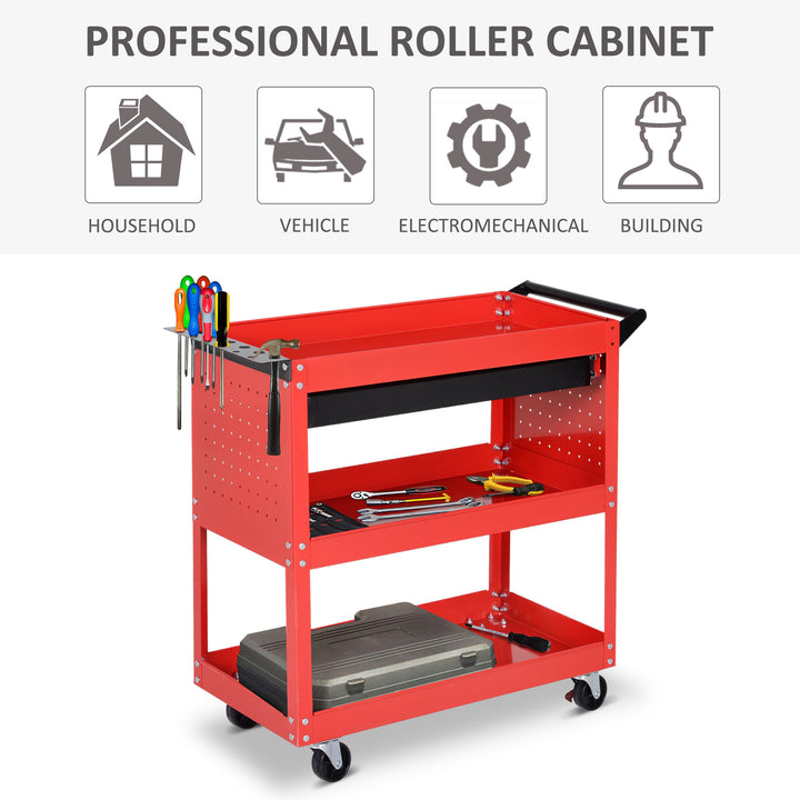 HOMCOM Tool Cart on Wheels, Utility Cart with Wheels, Ball Bearing Drawer, Storage Trays for Garage, Warehouse, Workshop, Red