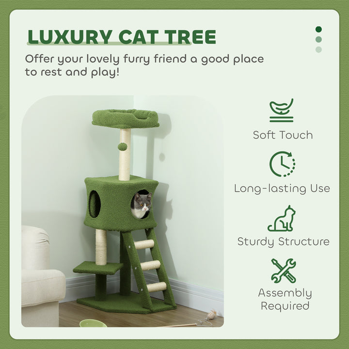 PawHut 47" Tall Cat Tree Tower with Condo, Ladder, Scratching Posts and Hanging Ball, Light Grey