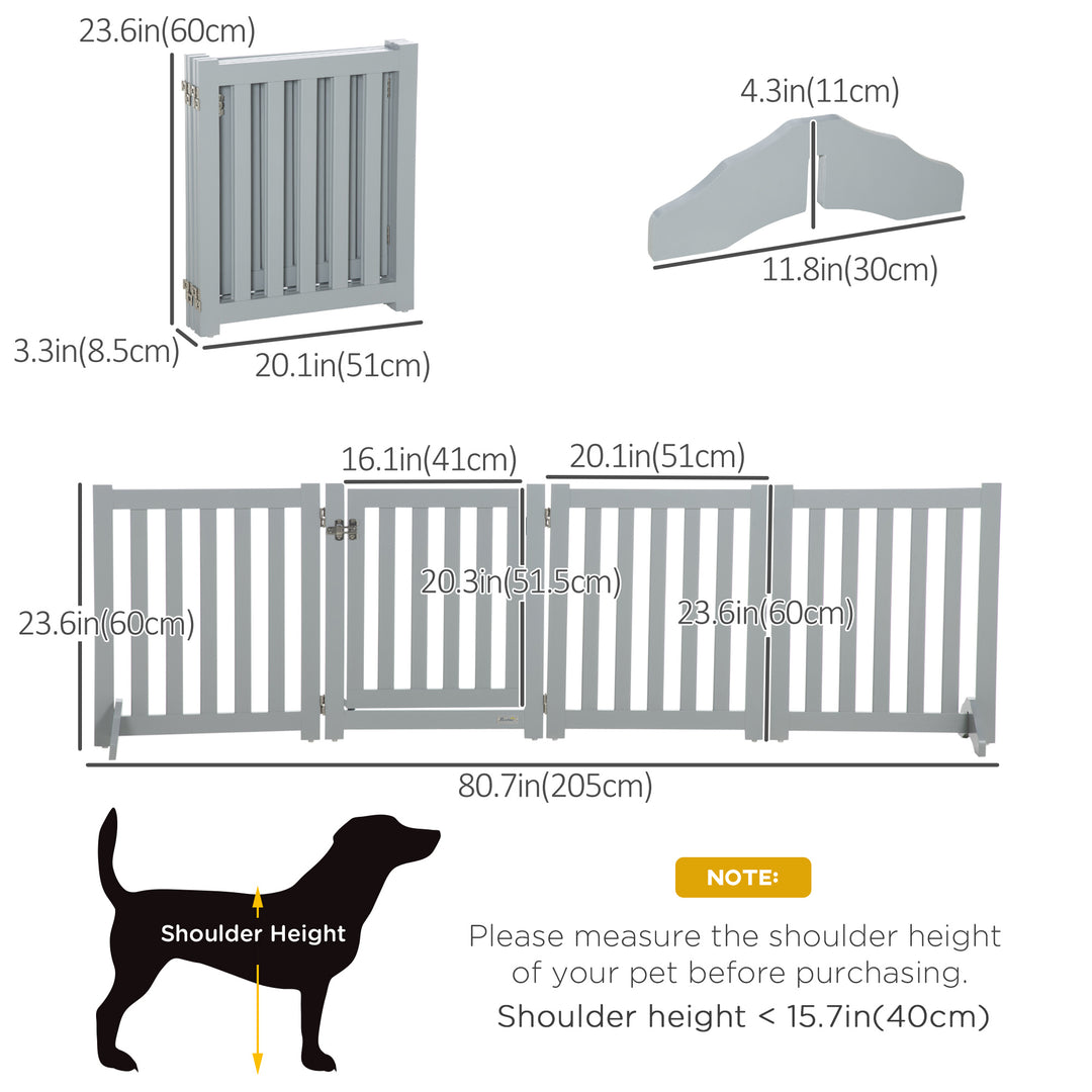 PawHut 23.5"H Foldable Dog Gate with Door, 4 Panels Freestanding Pet Gate Barriers Indoor with Support Feet, Puppy Fence for Small Dogs, Grey